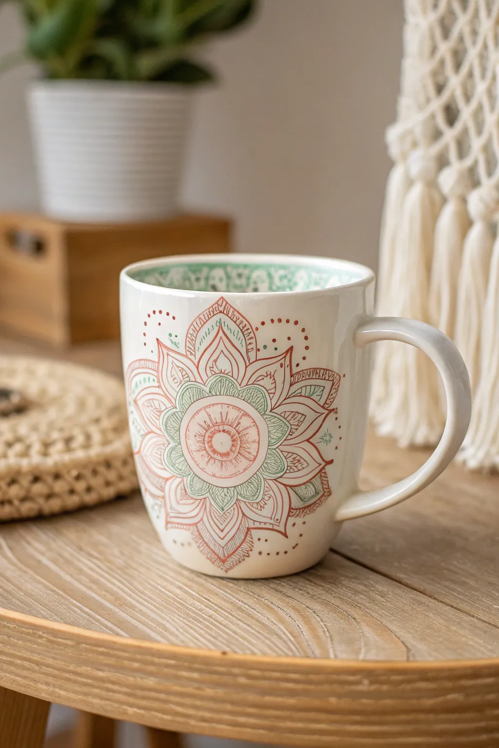 Embrace tranquility with delicate mandala art on your favorite mug. #ScandinavianBoho #CraftedBeauty