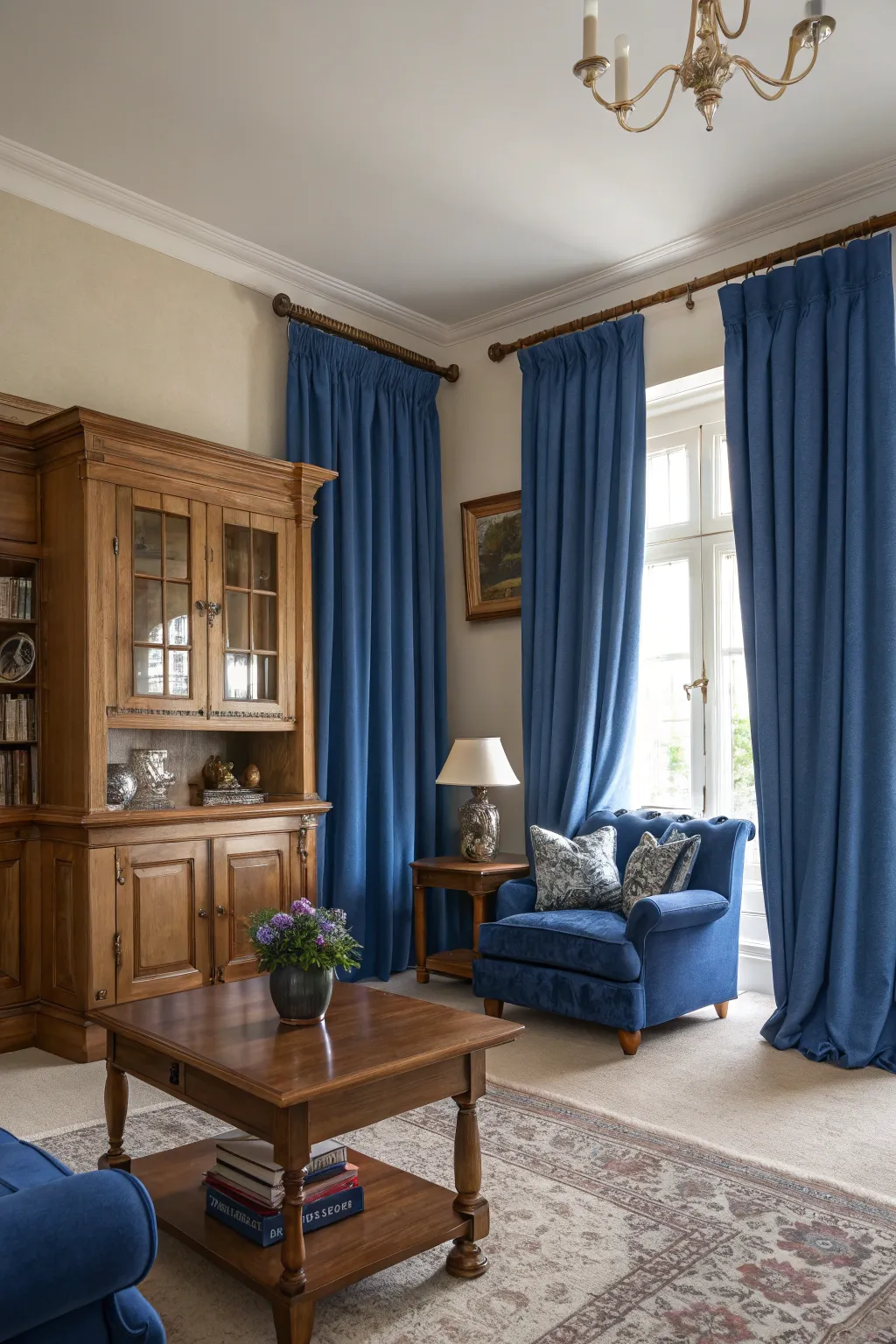 Royal blue and oak furniture bring classic elegance to this living room.