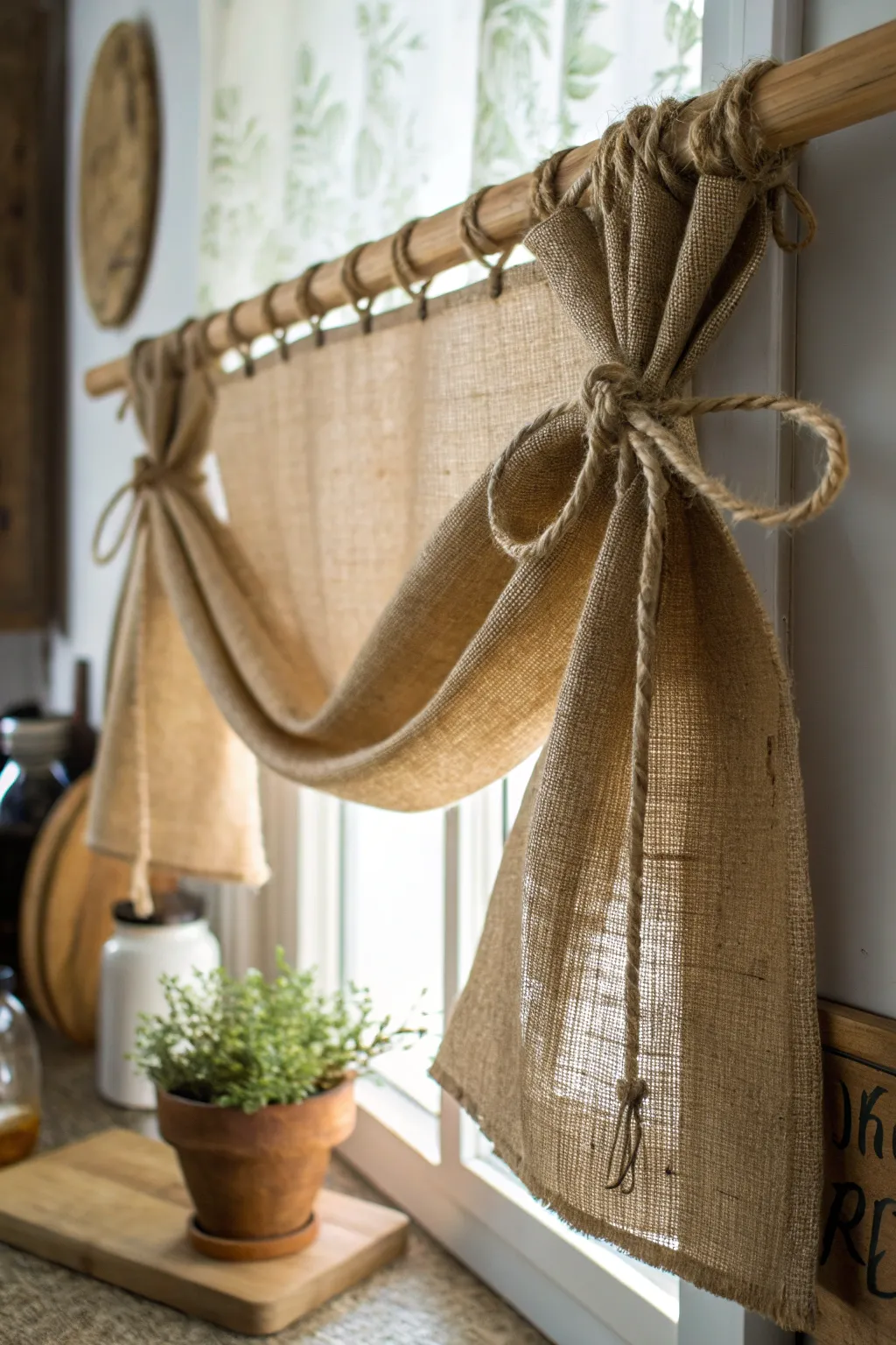 Elevate your kitchen decor with the rustic charm of a burlap and twine valance. Simple beauty, effortlessly crafted.