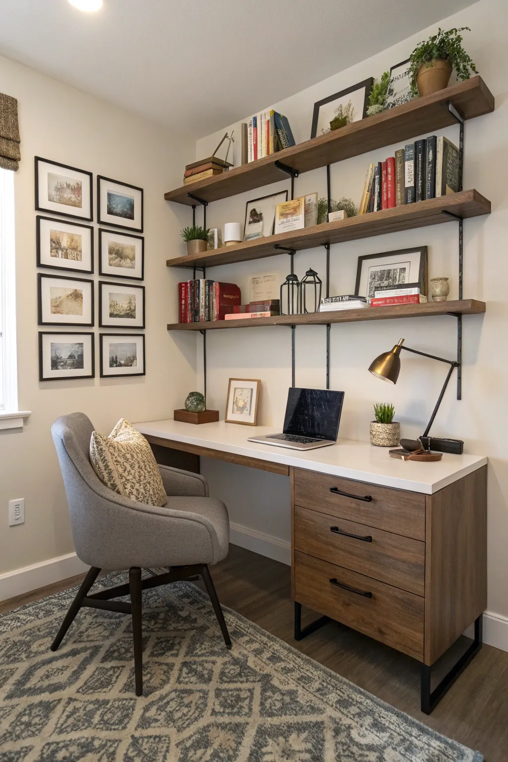 Wall-mounted shelves offer stylish storage solutions.