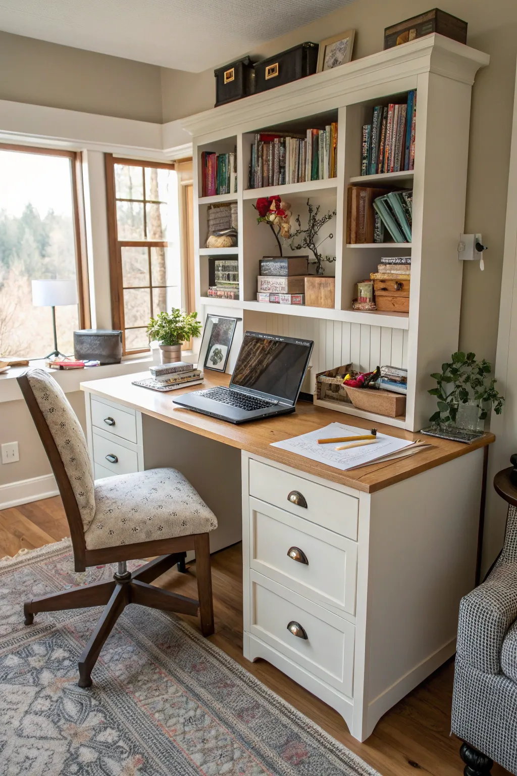 A home office with dual-purpose furniture such as a storage desk.