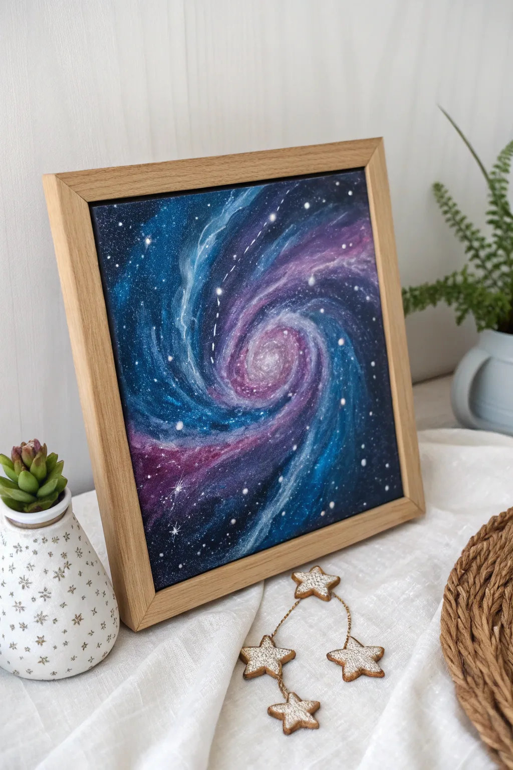 Explore the cosmos through art—where deep blues and vibrant purples dance across the canvas in an enchanting display of stars and galaxies.