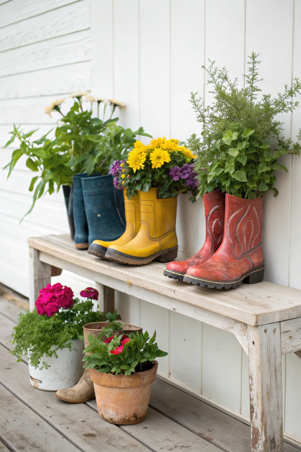 Transform old boots into charming planters for a unique, eco-friendly garden display!