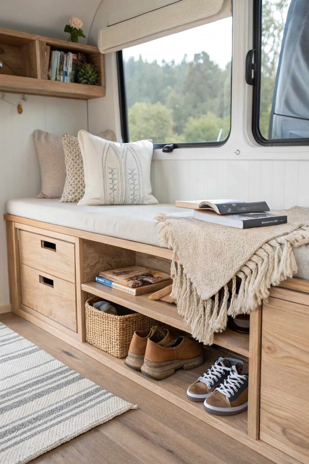 Transform your camper with a stylish and functional hidden storage bench that marries Scandinavian simplicity with Boho charm.