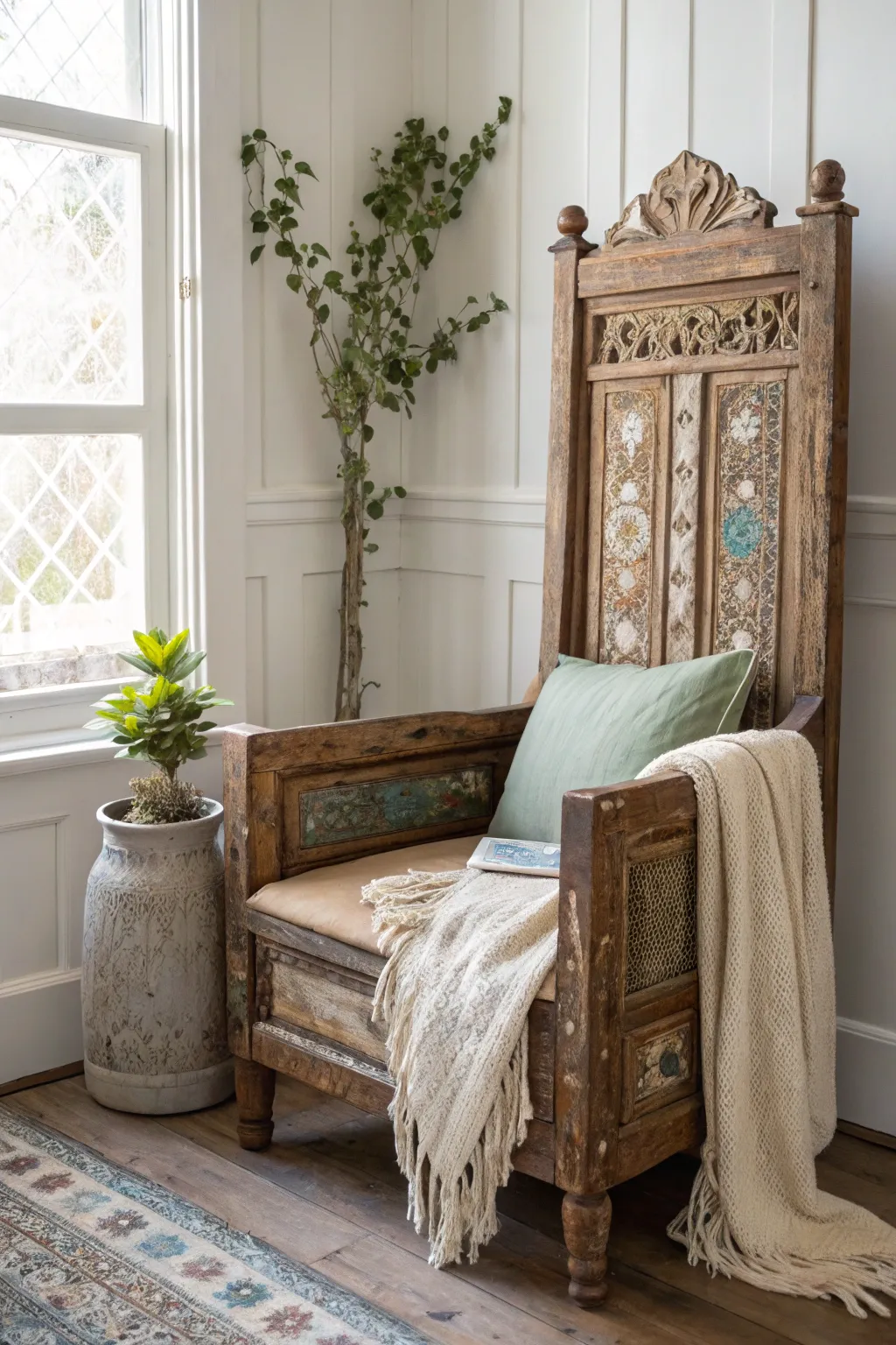 Transform history into comfort: A vintage chair made from an old door, perfect for your reading nook.