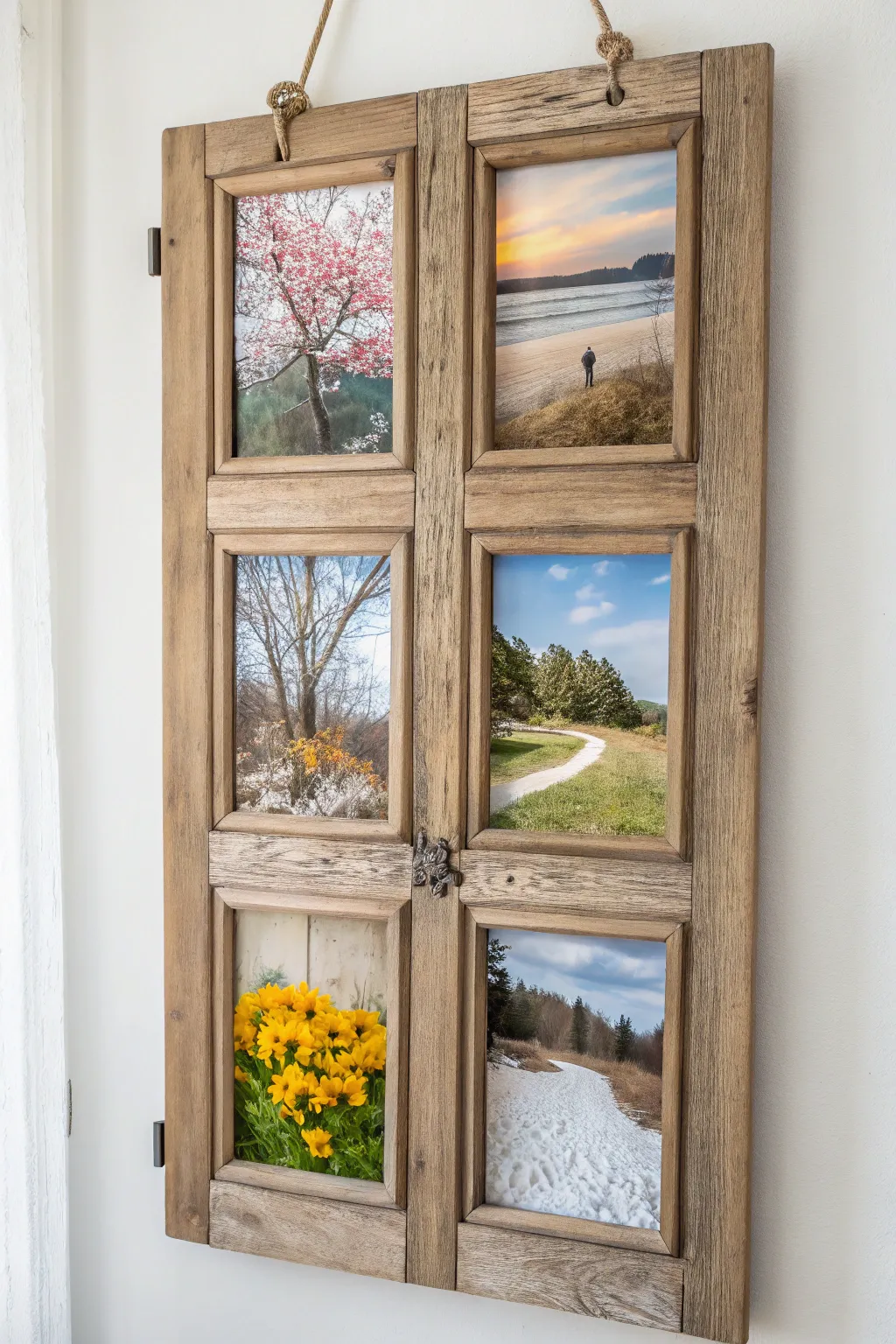 Transform your space with a seasonal photo swap in a rustic door frame—where each season tells a new story.