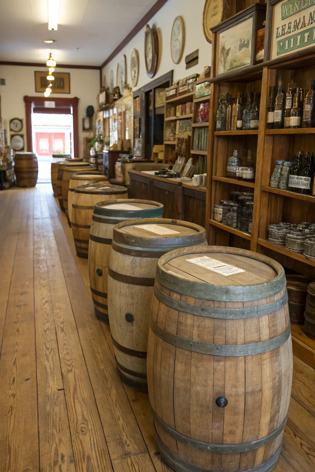 Whiskey barrels used as display stands.