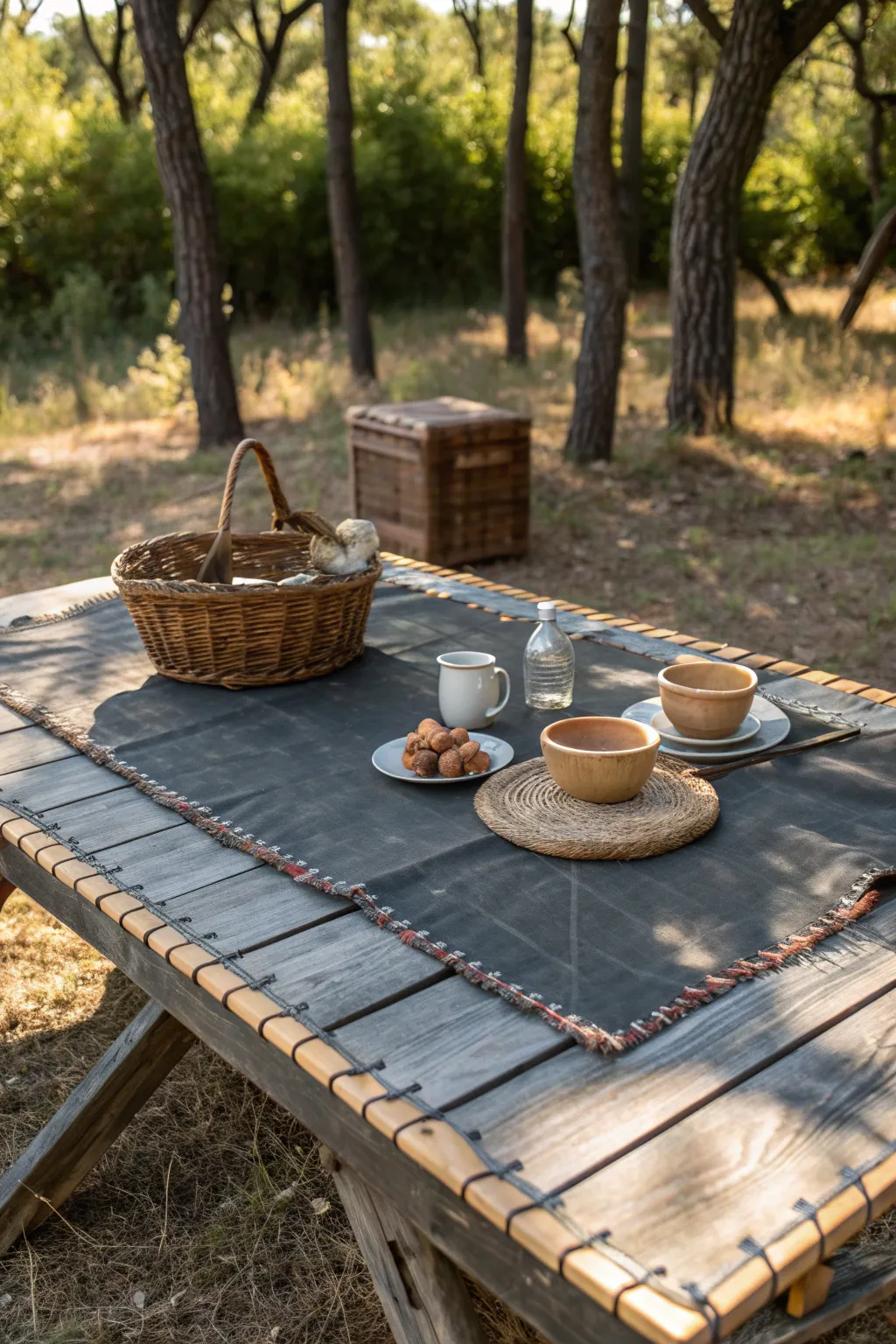 Transform your outdoor dining experience with a touch of rustic elegance using a repurposed trampoline mat tablecloth.