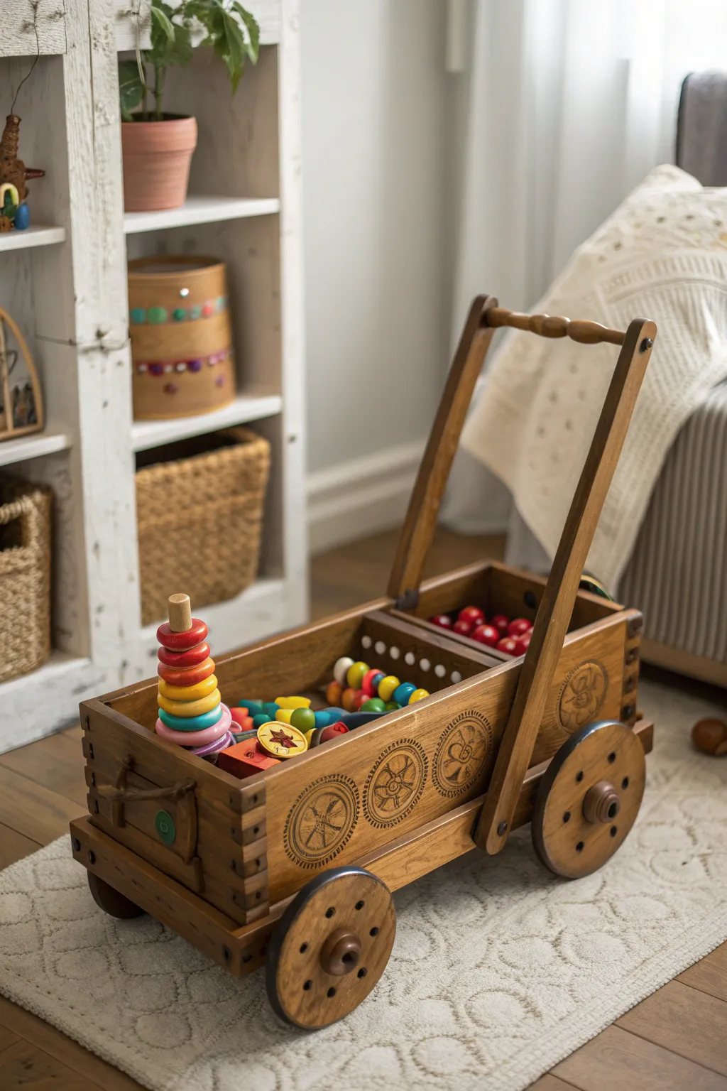 Transform toy chaos into a charming display with a vintage wagon organizer.