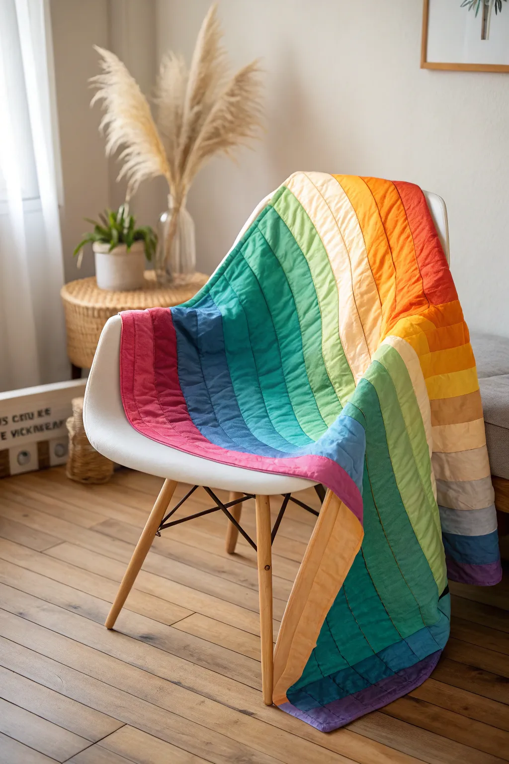 Embrace the vibrant joy of a rainbow ombre quilt, where craftsmanship meets color in perfect harmony.