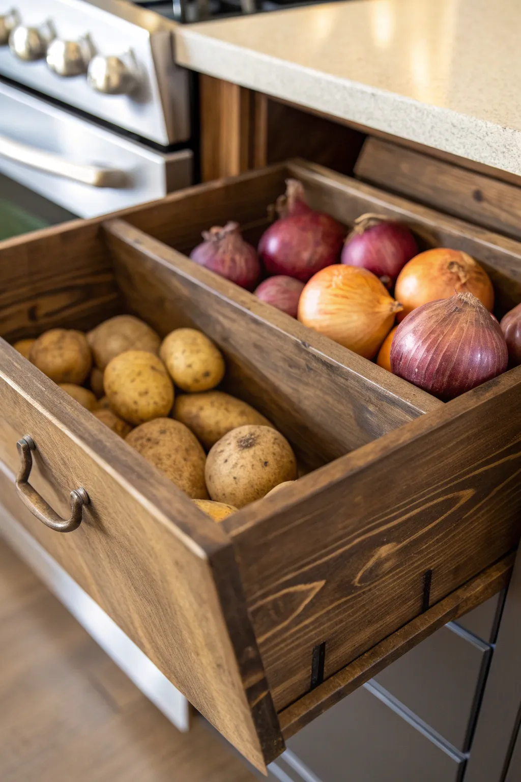 Elevate your kitchen with stylish under-counter storage solutions for your root veggies.