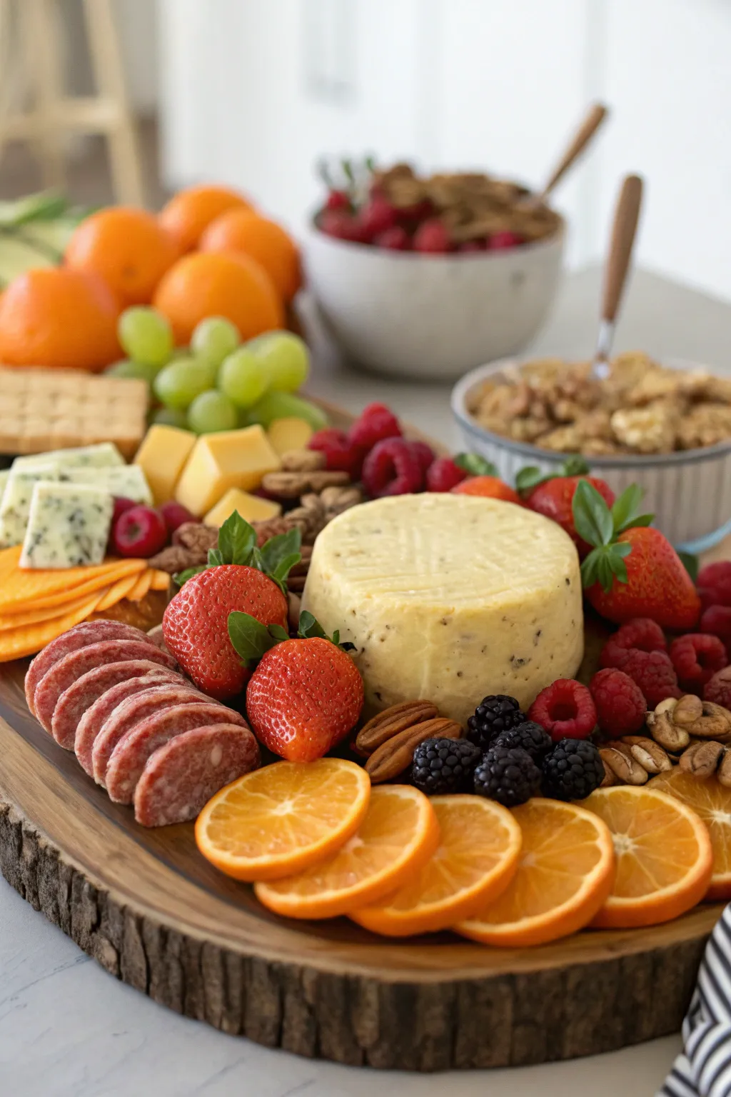 A cheese wheel centerpiece creates a bold focal point.
