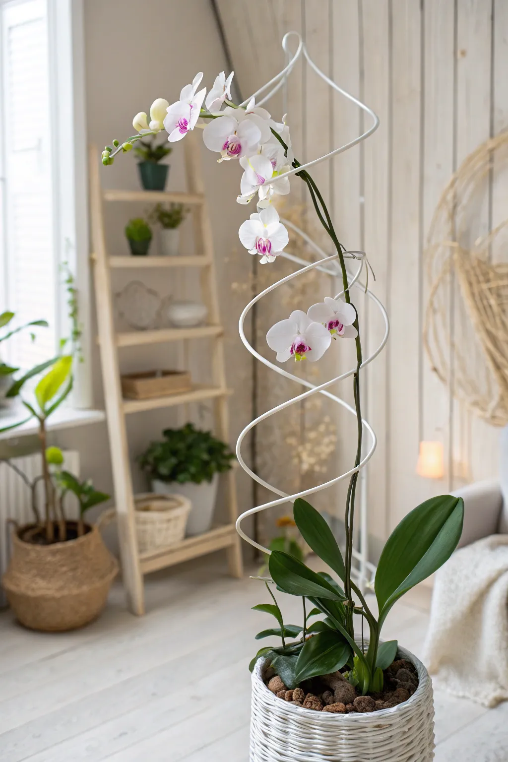 Elevate your orchid display with a custom spiral wire trellis, blending Scandinavian simplicity with boho elegance.