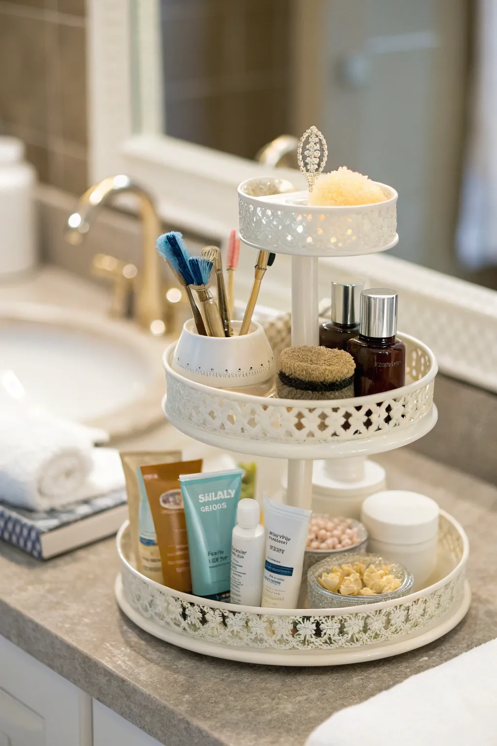 A bathroom countertop enhanced by tiered storage trays