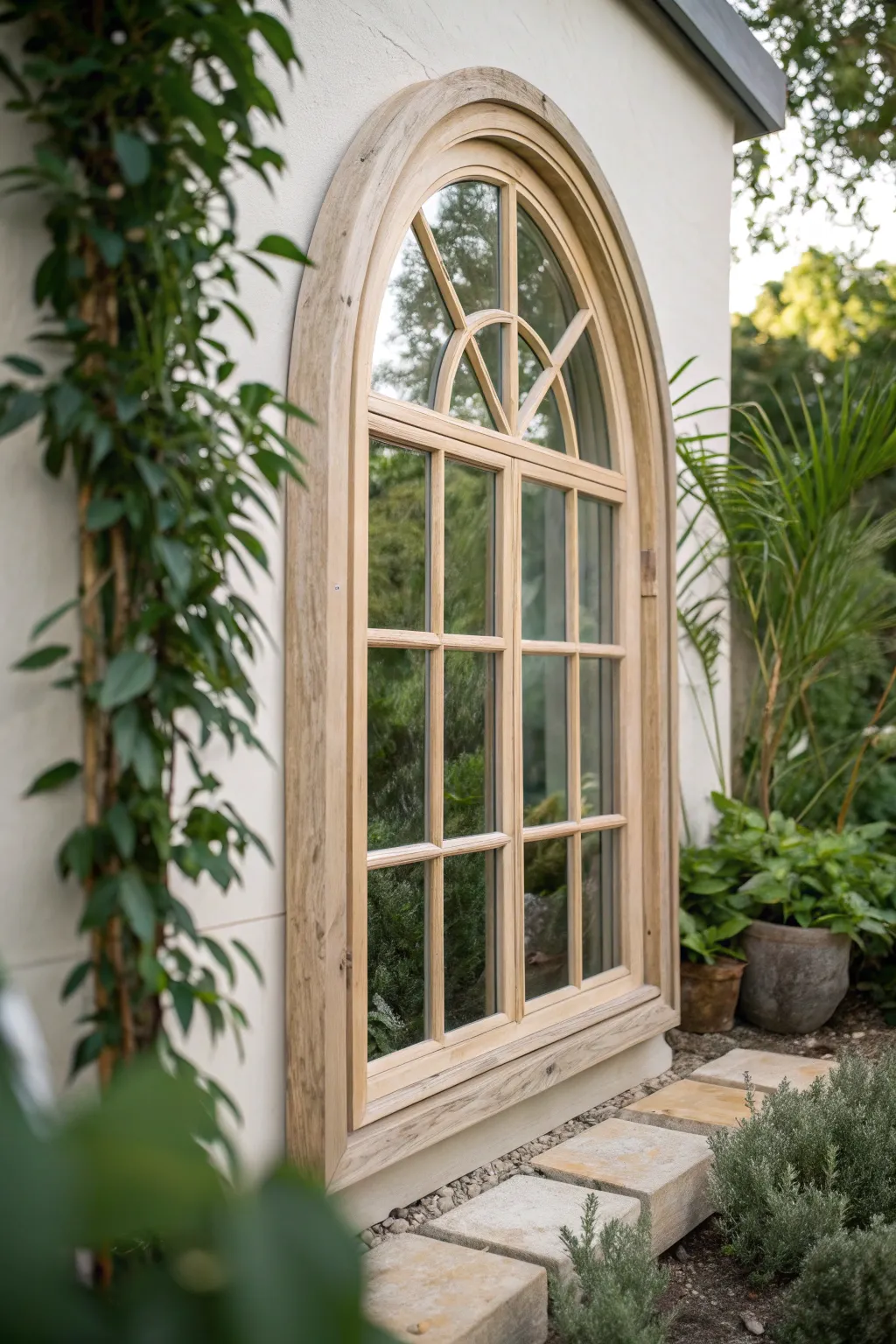 Transform your outdoor space with a touch of elegance: a minimalist arch-framed window for a garden retreat.