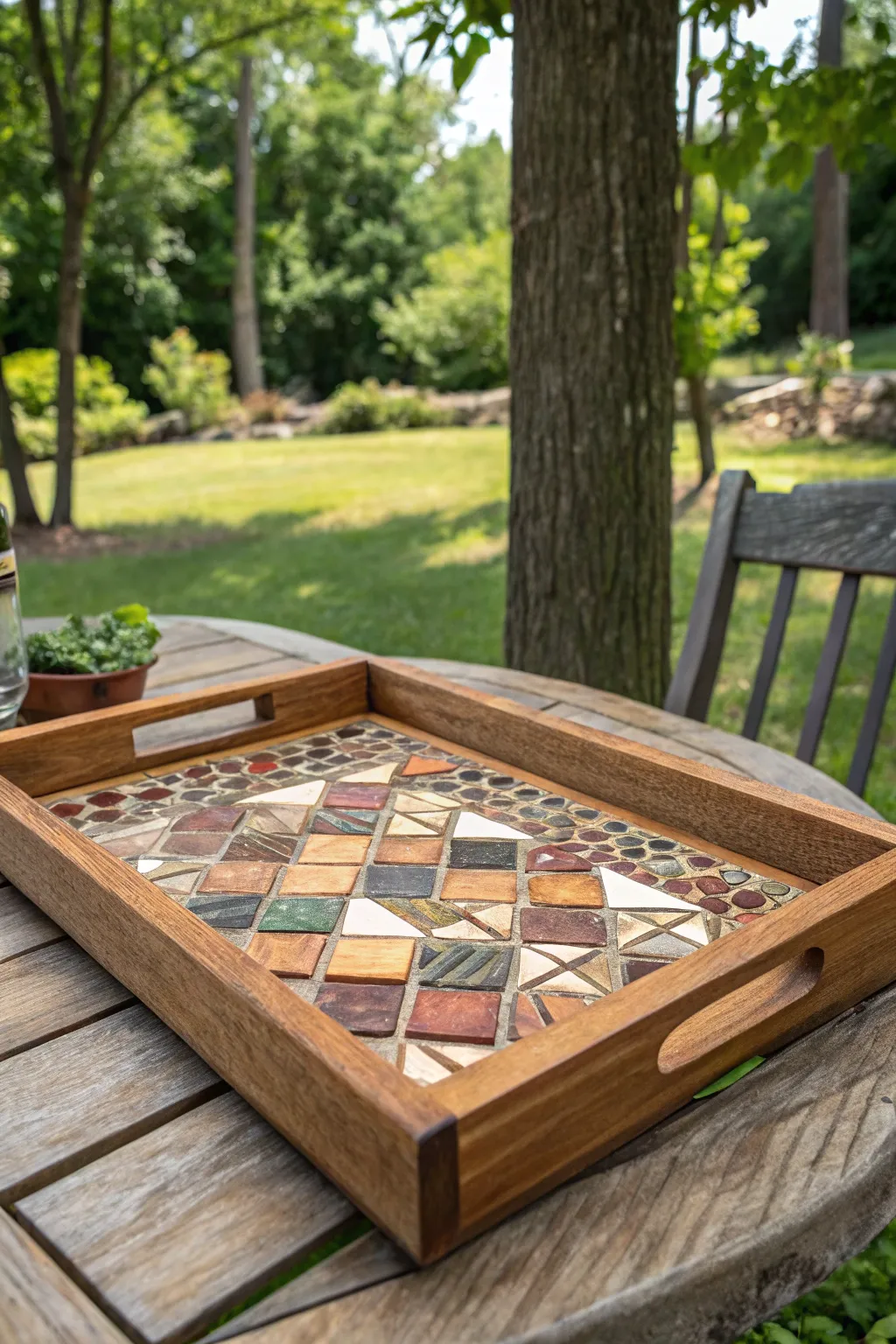 Elevate your outdoor gatherings with this handcrafted mosaic serving tray, a perfect blend of creativity and craftsmanship.