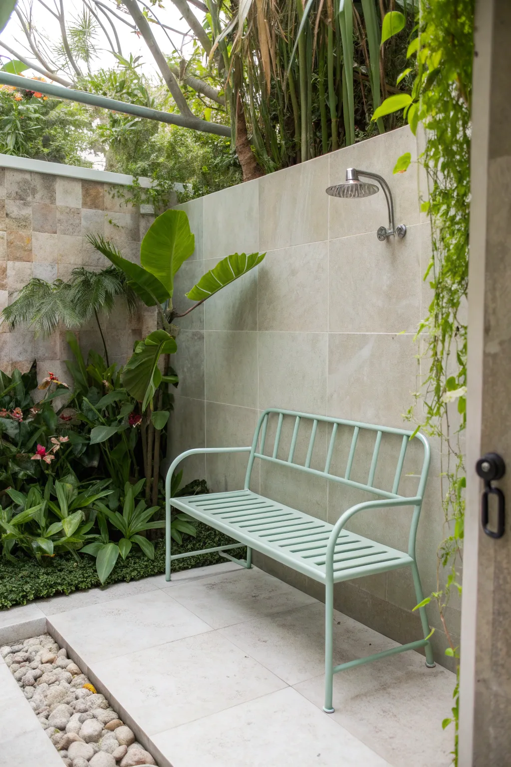 Discover the perfect blend of durability and style with this chic metal bench, bringing a touch of contemporary elegance to your outdoor shower oasis.