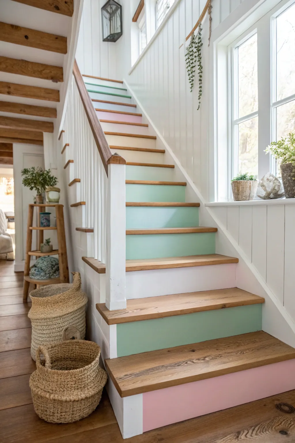 Transform your staircase into a joyful journey with a palette of pastel hues.