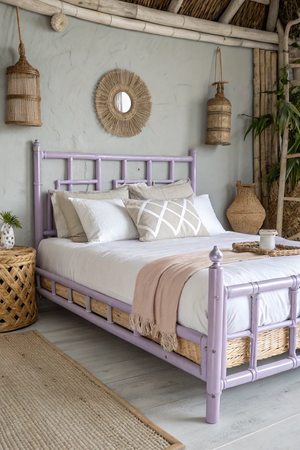 Transform your bedroom into a serene sanctuary with a lavender-painted bamboo bed frame.