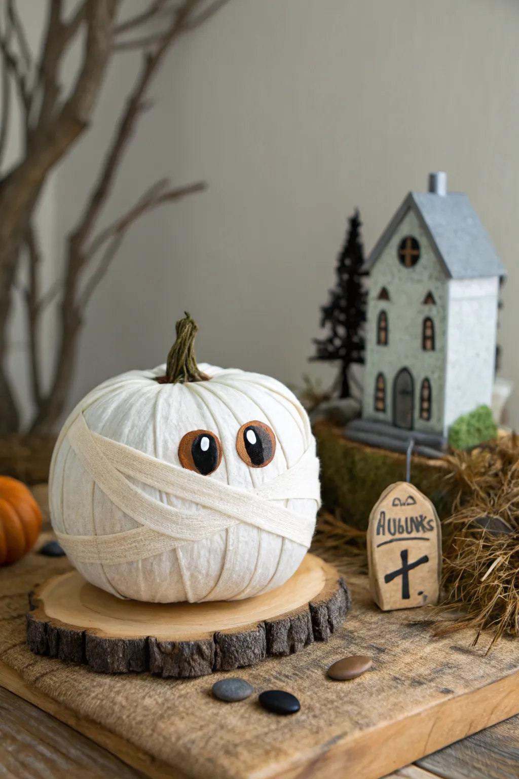 Discover a touch of Halloween magic with this minimalist mummy pumpkin scene, perfect for adding a whimsical yet sophisticated flair to your decor.