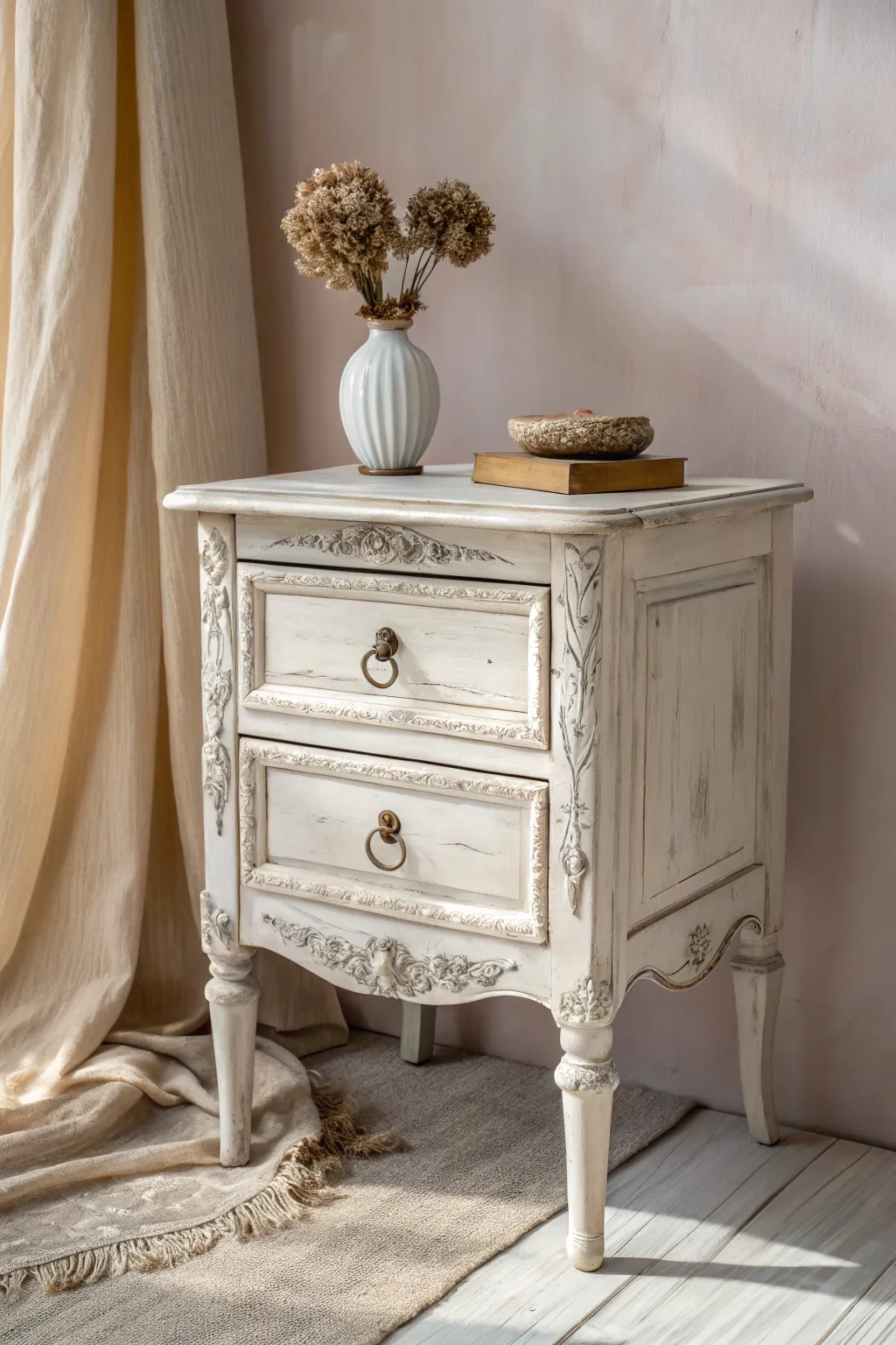 Elevate your bedroom decor with an antique white nightstand, where classic elegance meets minimalist design.