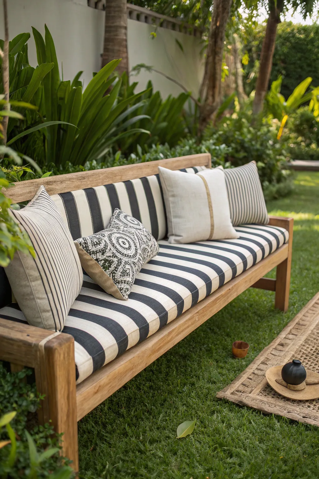 Elevate your garden with a bold striped bench that blends modern flair with natural beauty.