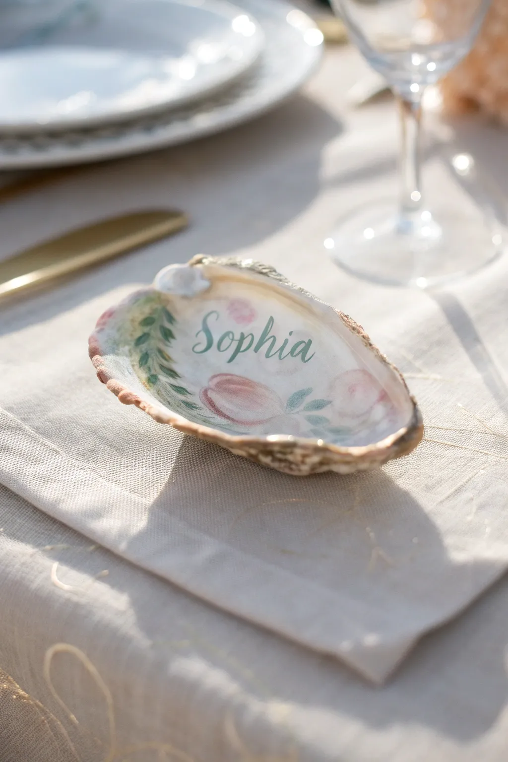 Elevate your dinner party with personalized, hand-painted oyster shell place cards.