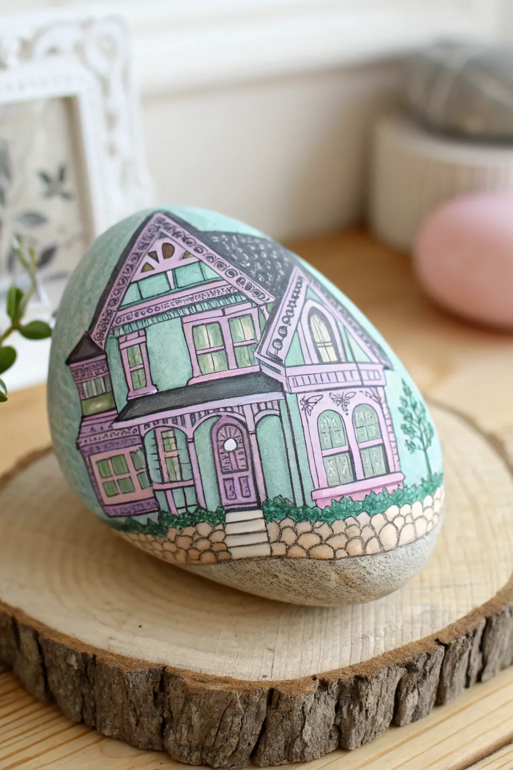 Discover the elegance of Victorian charm in miniature with this beautifully crafted painted rock house.