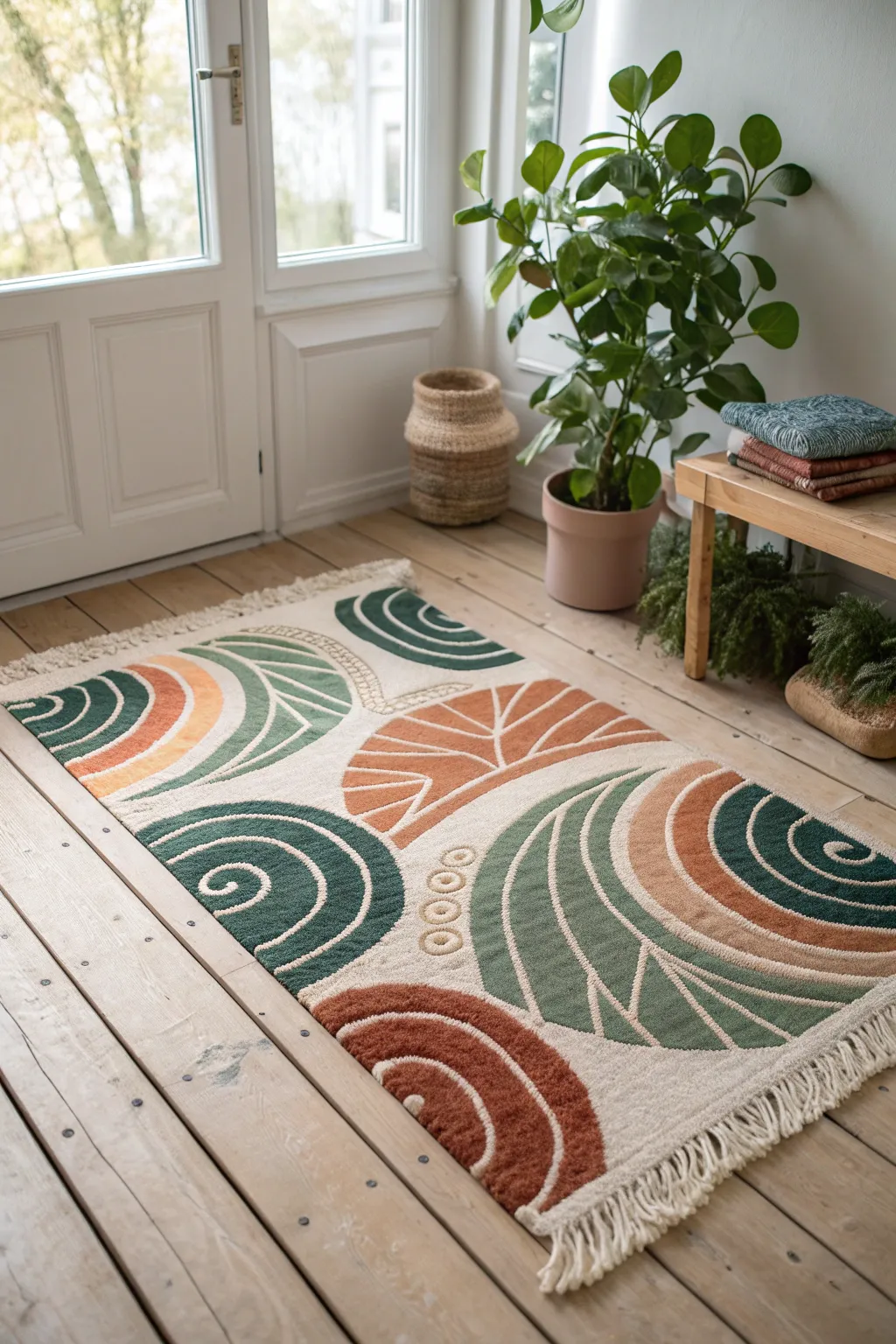 Infuse your space with boho charm and natural warmth with a hand-painted rug masterpiece.