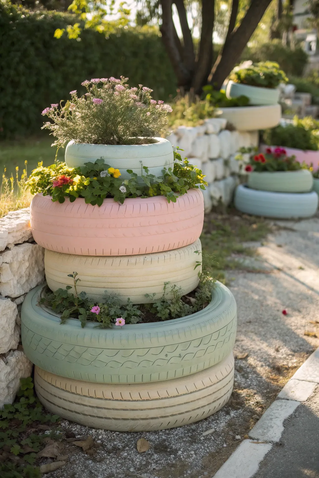 Transform your garden with chic, layered tire planters that blend minimalist elegance with boho charm.