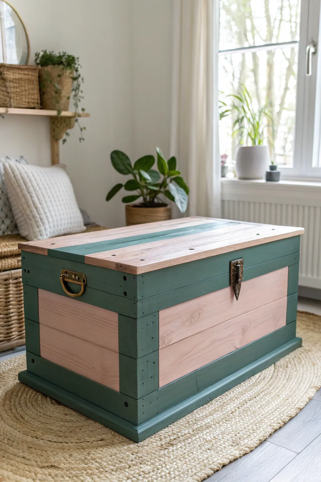 Elevate your space with this two-tone color block trunk—where minimalist design meets boho charm.
