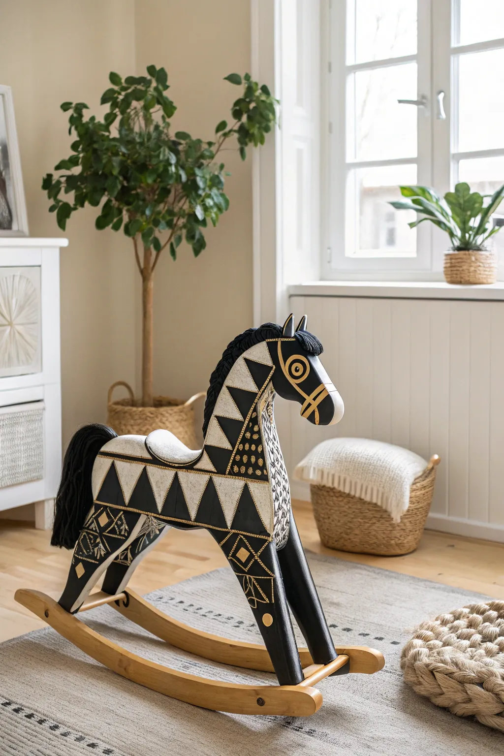 Transform your space with a bold, graphic rocking horse—where Scandinavian minimalism meets boho charm!