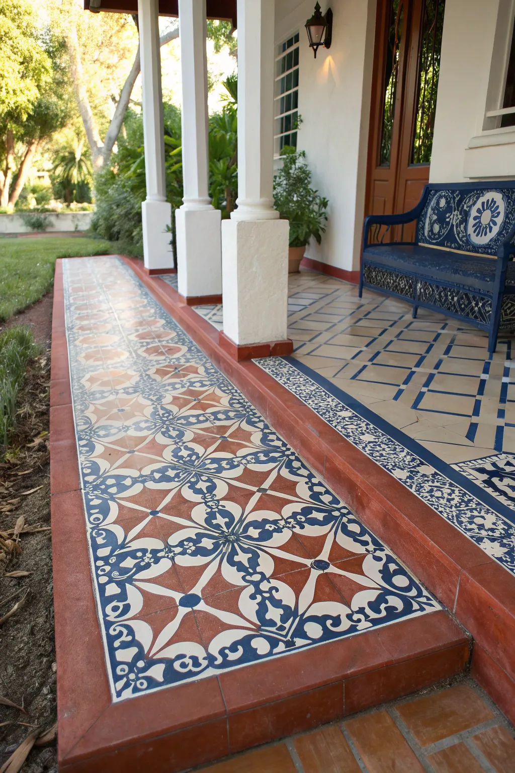 Transform your porch with a stunning mosaic tile illusion that exudes Mediterranean charm.