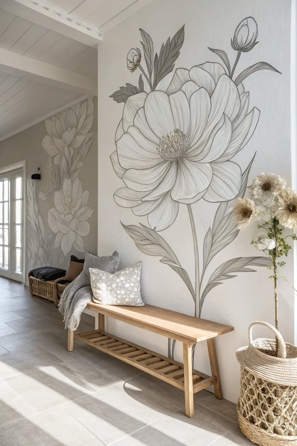 Transform your entryway with a striking monochrome flower mural that whispers elegance and calm.