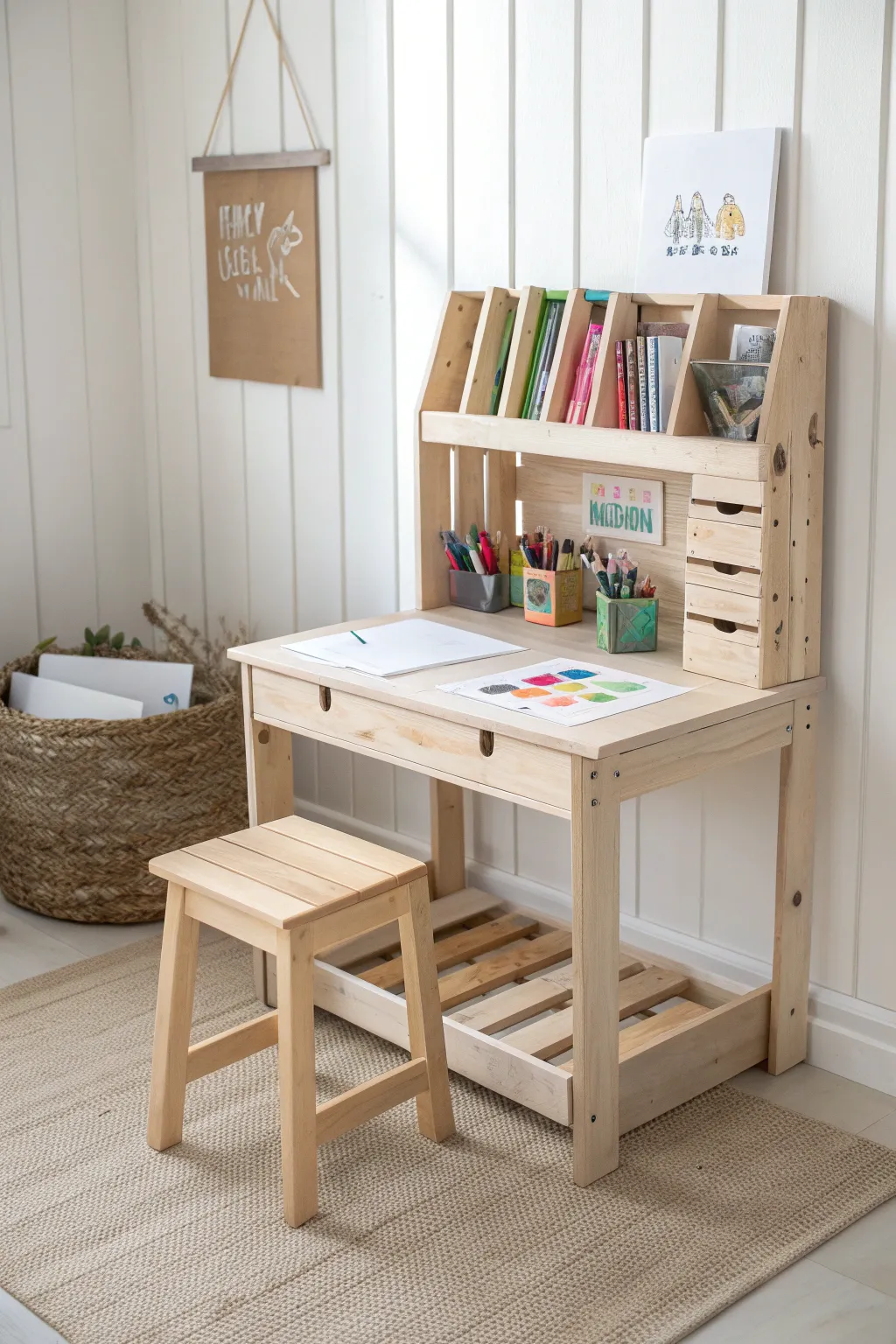 Inspire creativity with this charming pallet art station—where minimalist design meets artistic exploration.