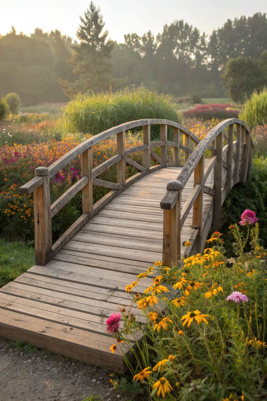 Start your day with a view: a handcrafted pallet bridge overlooking nature's beauty.
