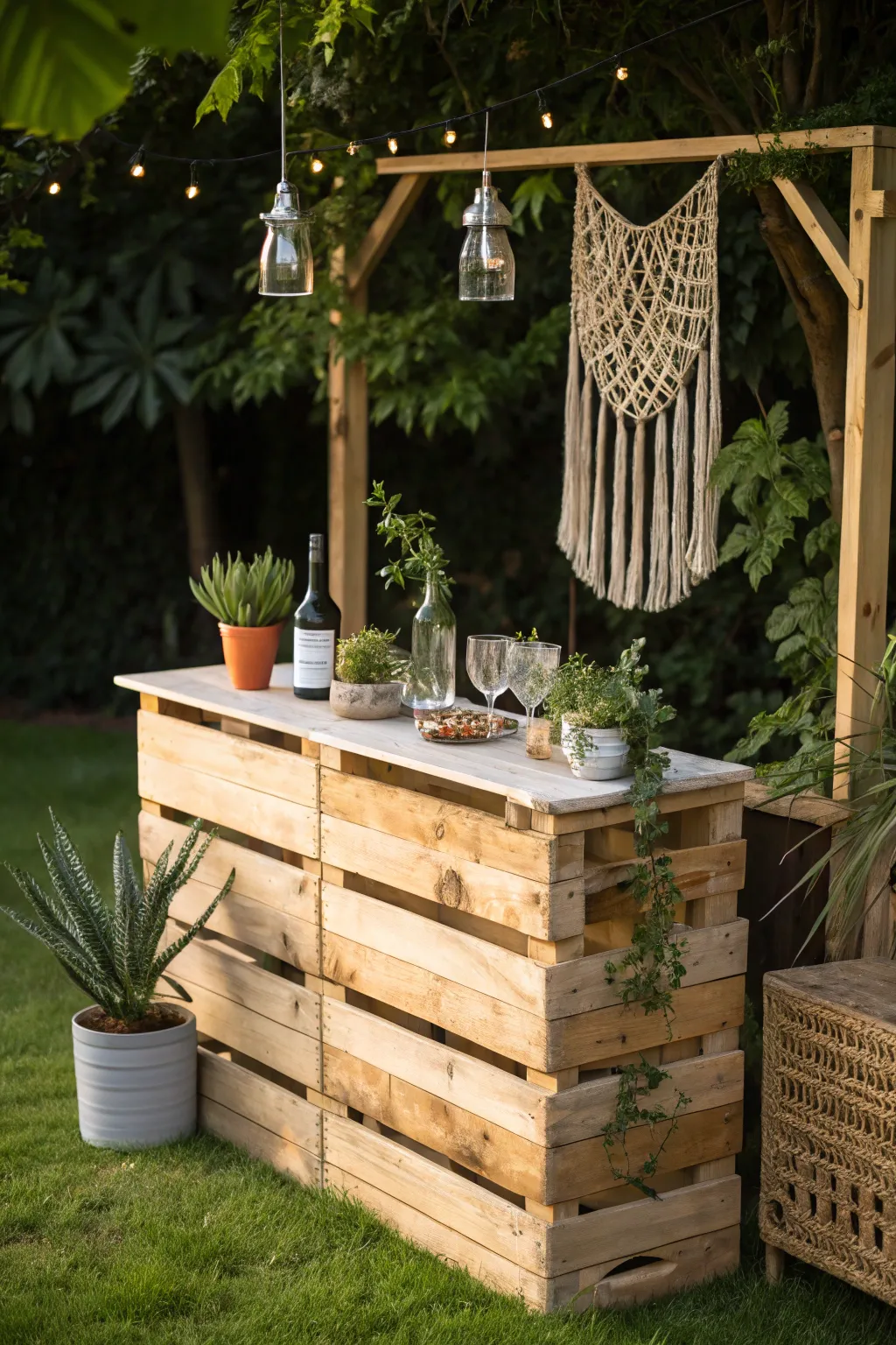 Elevate your backyard gatherings with this stunning DIY pallet garden bar—where minimalism meets boho charm.