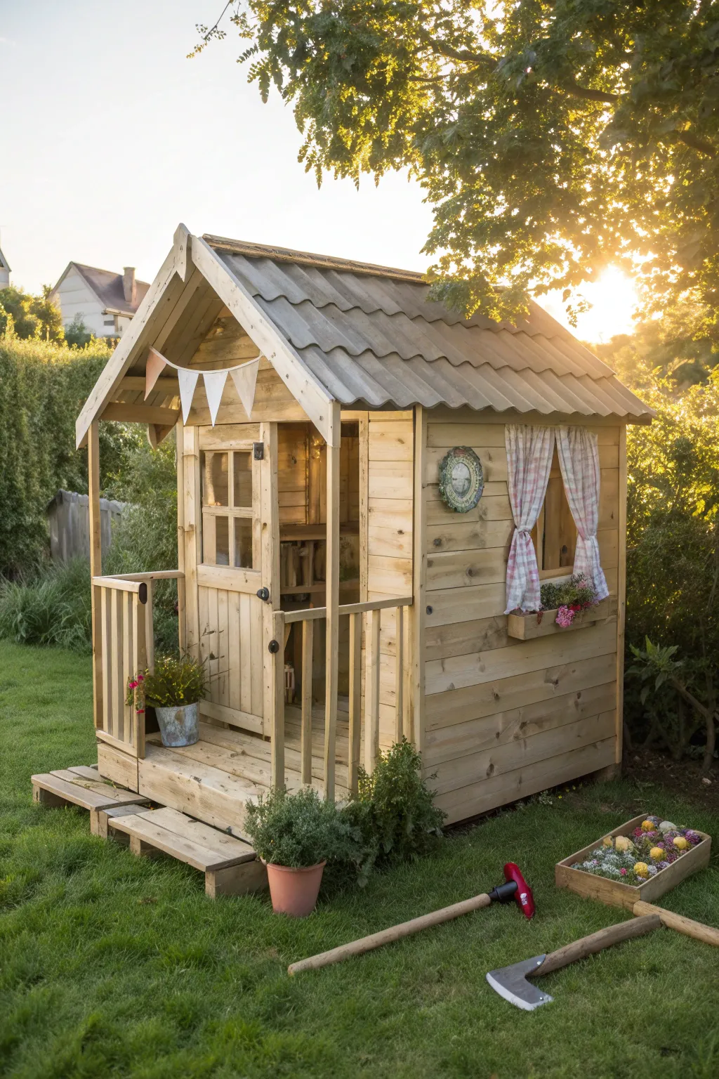 Unleash your child's imagination with a handcrafted pallet playhouse, a whimsical hideout in the heart of your garden.