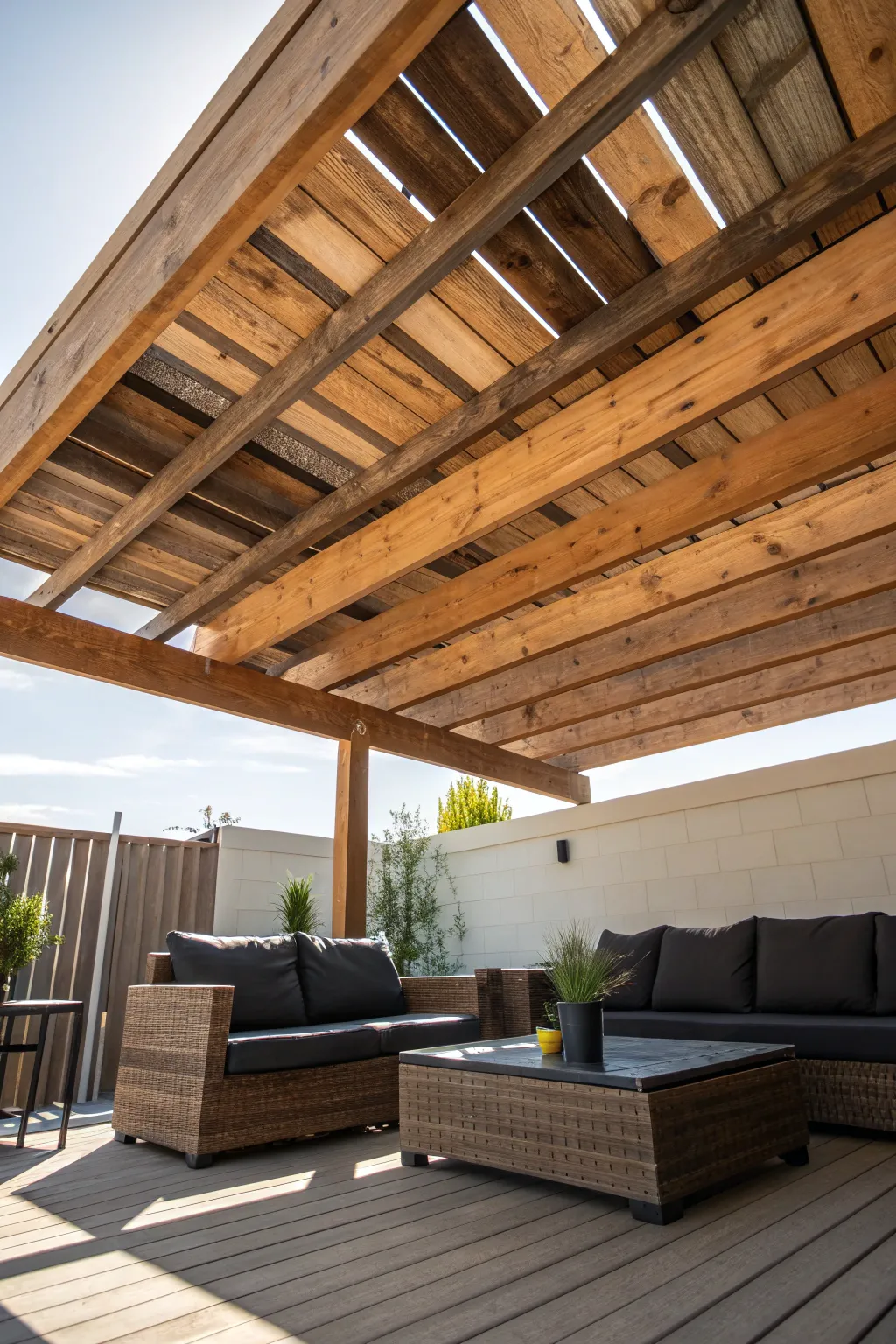 Elevate your patio with the rustic elegance of a handcrafted pallet roof.