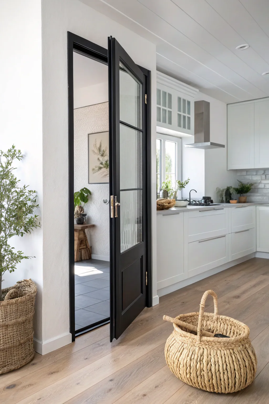 Elevate your kitchen space with a minimalist black frame screen door—where modern design meets natural elegance.