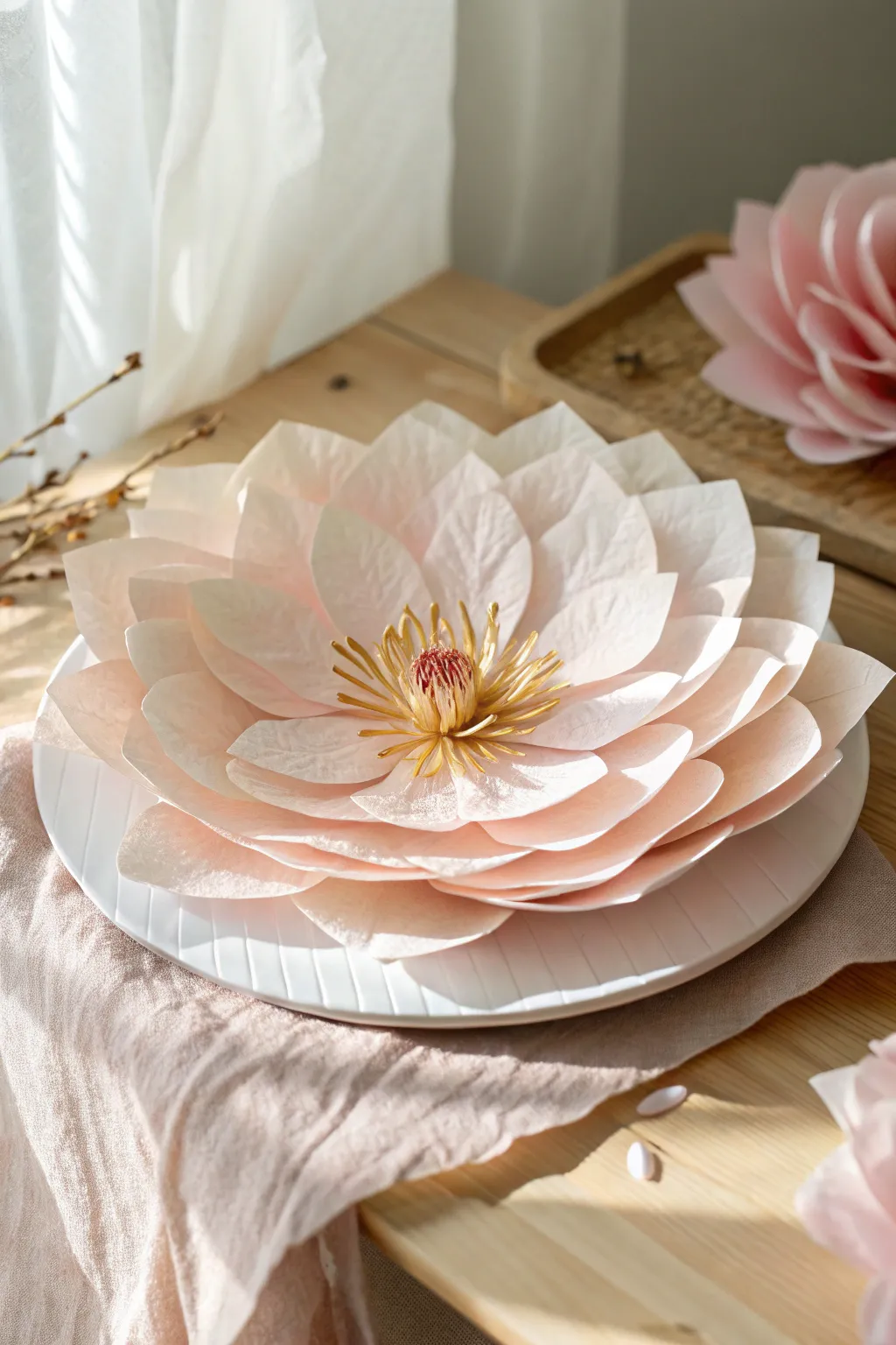 Elevate your space with the delicate elegance of a handcrafted paper plate flower, where simplicity meets artistic flair.