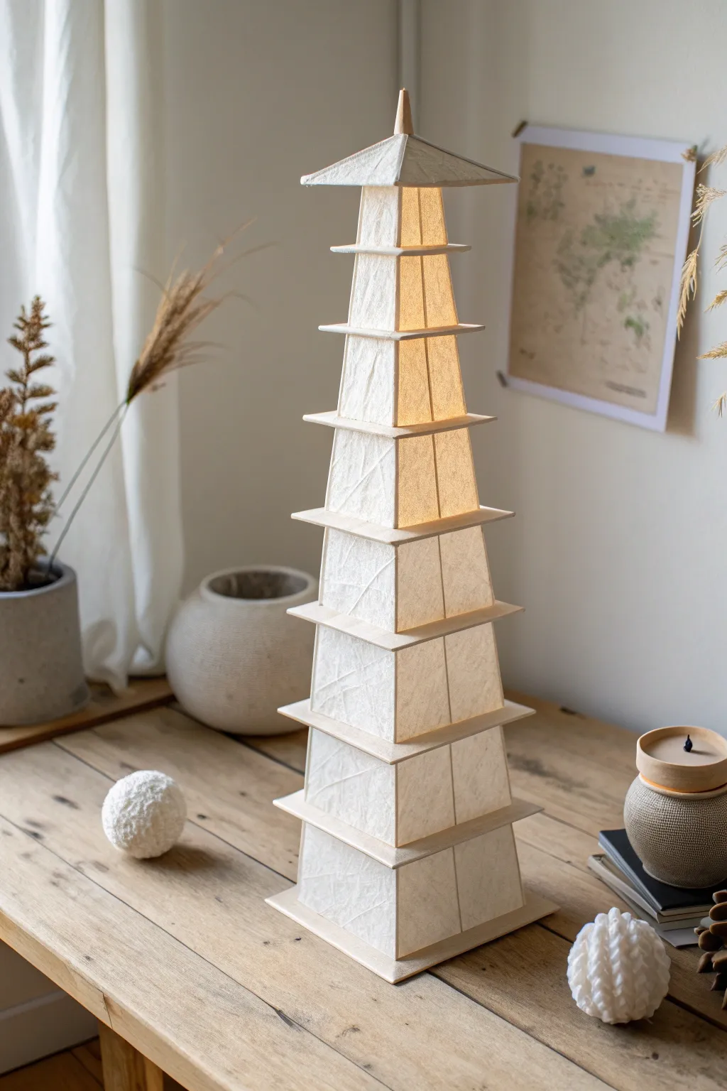 Embrace sustainability with elegance: A minimalist paper tower crafted from recycled materials.