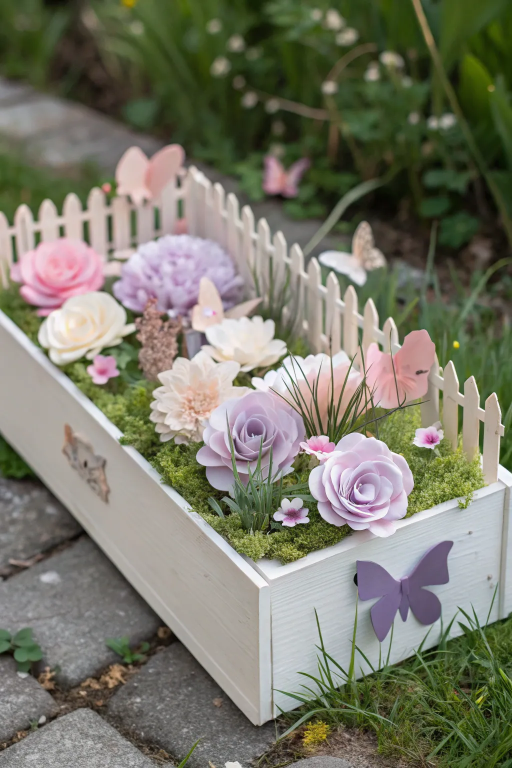 Transform a shoebox into a serene garden escape with paper flowers and a popsicle stick fence. #CraftedElegance #ScandiBoho