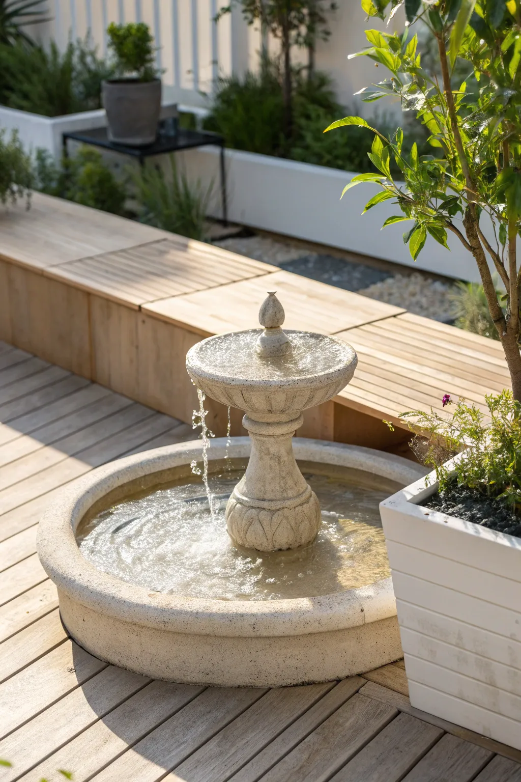 Embrace tranquility with a minimalist water feature crafted from recycled materials, adding a peaceful touch to your parklet oasis.