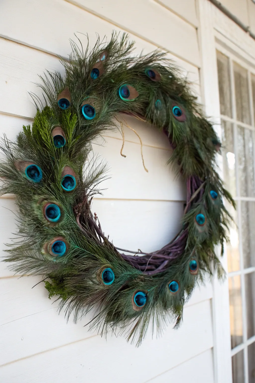 Elevate your entryway with a touch of regal elegance: a stunning peacock feather wreath that captures the essence of minimalist beauty.
