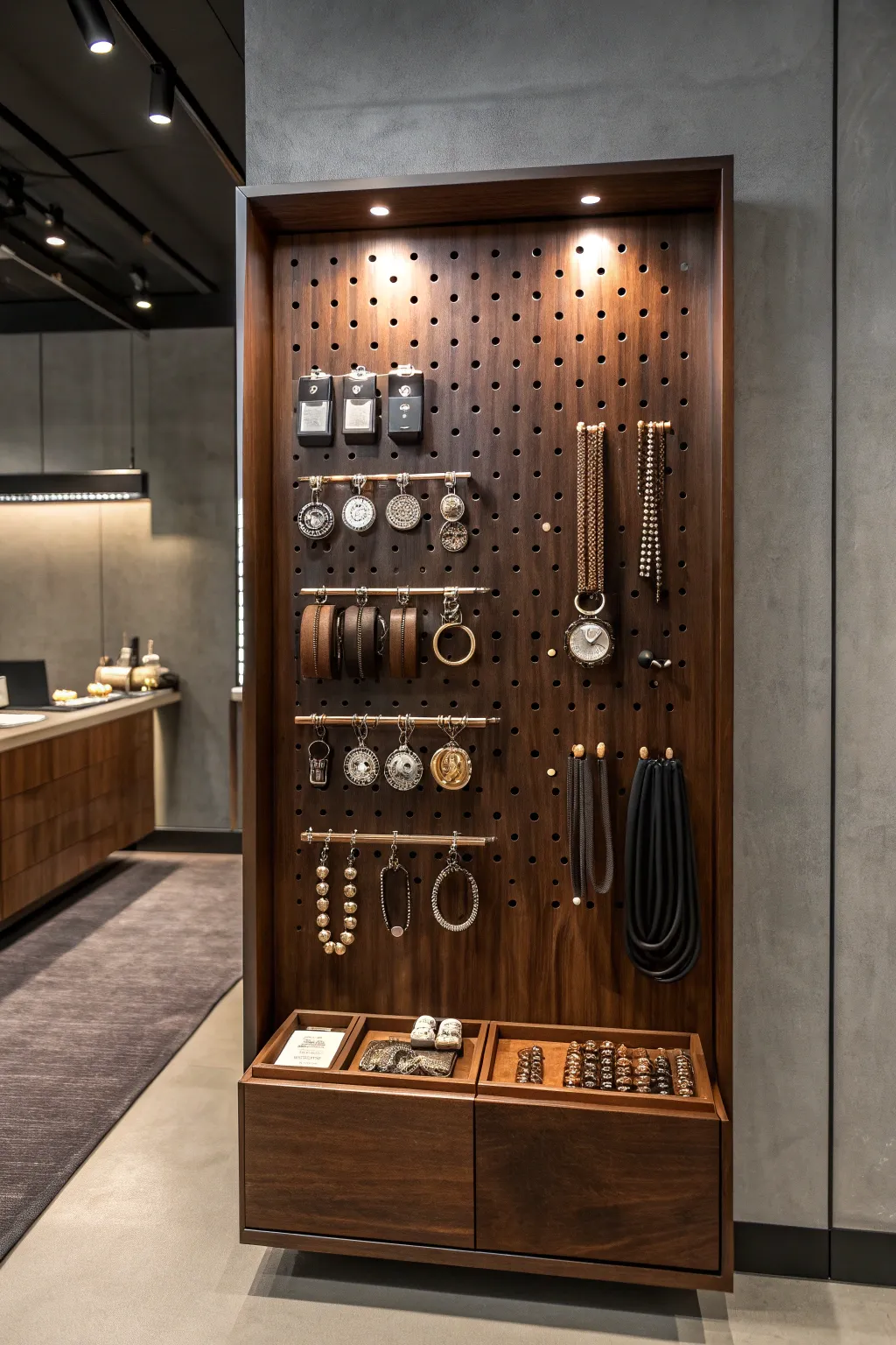Elevate your style with a bespoke pegboard display for your accessories – where craftsmanship meets fashion.