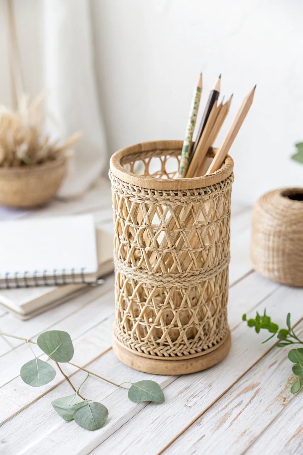 Elevate your workspace with a touch of boho elegance using this handcrafted rattan pencil holder.