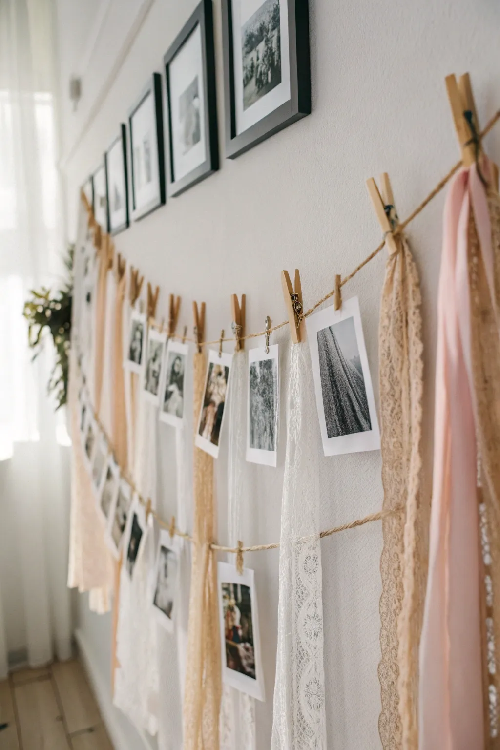 Elevate your space with a touch of elegance: Mix and match textures for a stunning photo display.