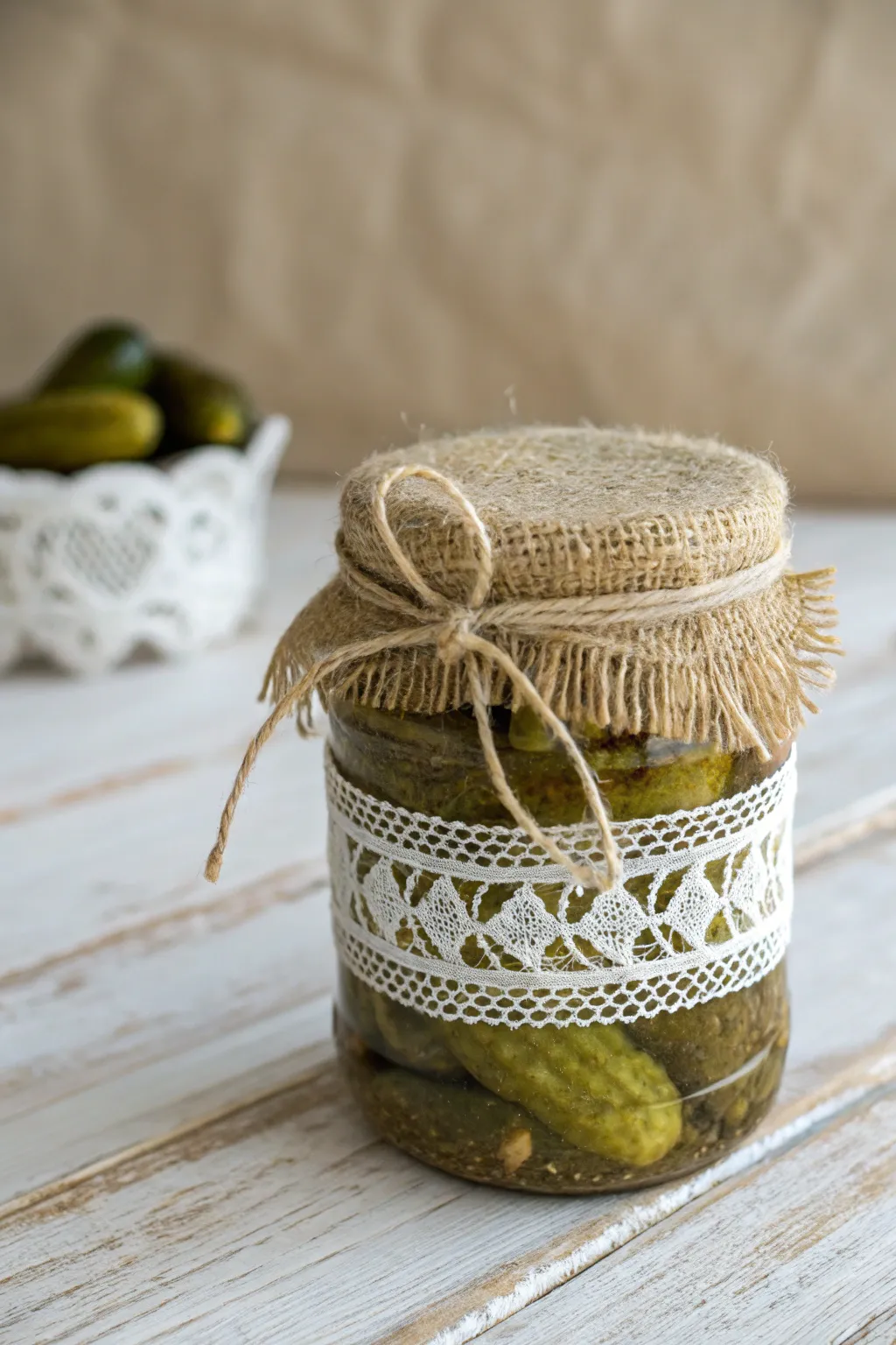 Transform your pickle jars with rustic elegance: Burlap and lace for a chic, handcrafted look.