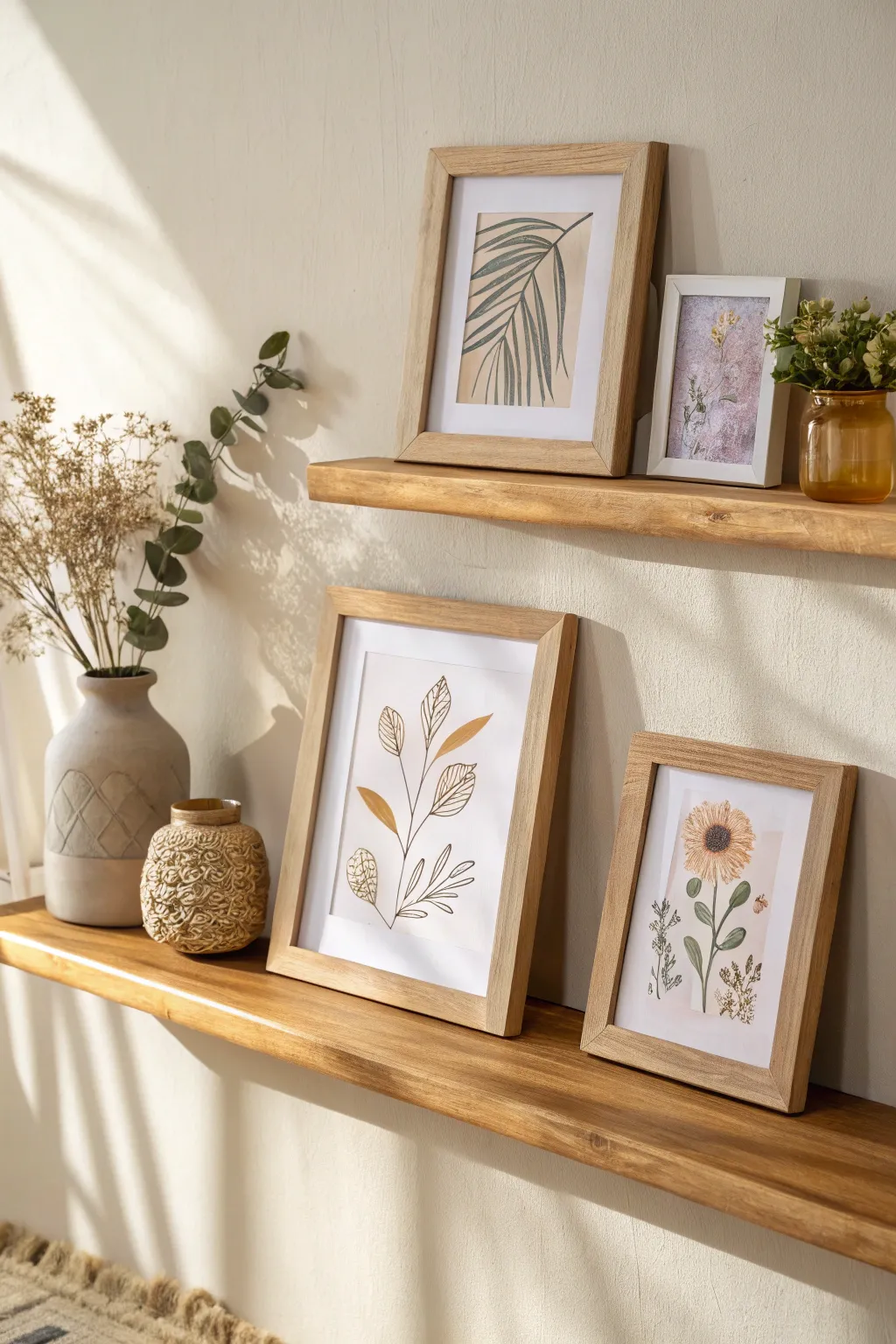 Elevate your art display with the effortless charm of a floating shelf setup.